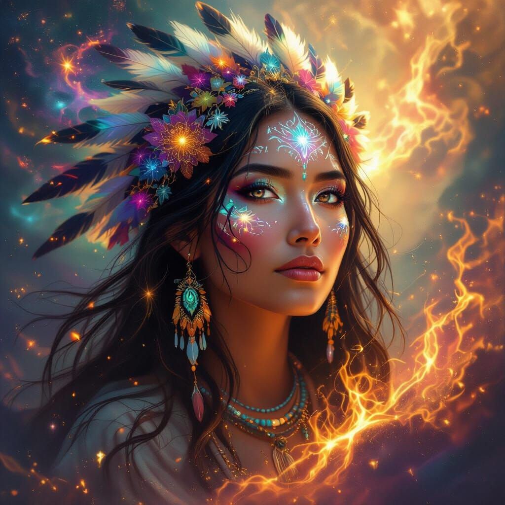 Native Woman Amidst Cosmic Nebulae