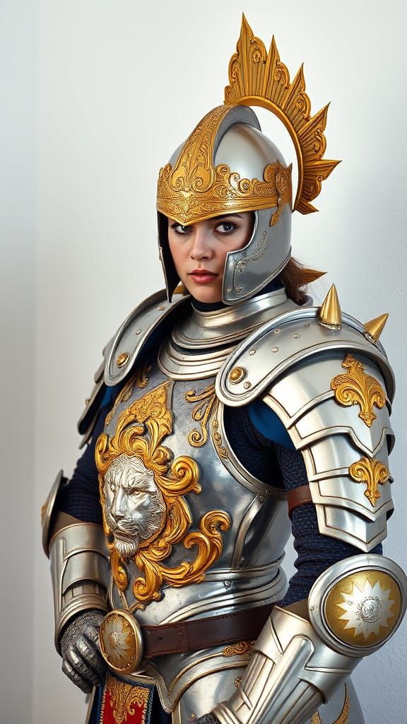 Woman in Ornate Metal Armor in Documentary Photography Style