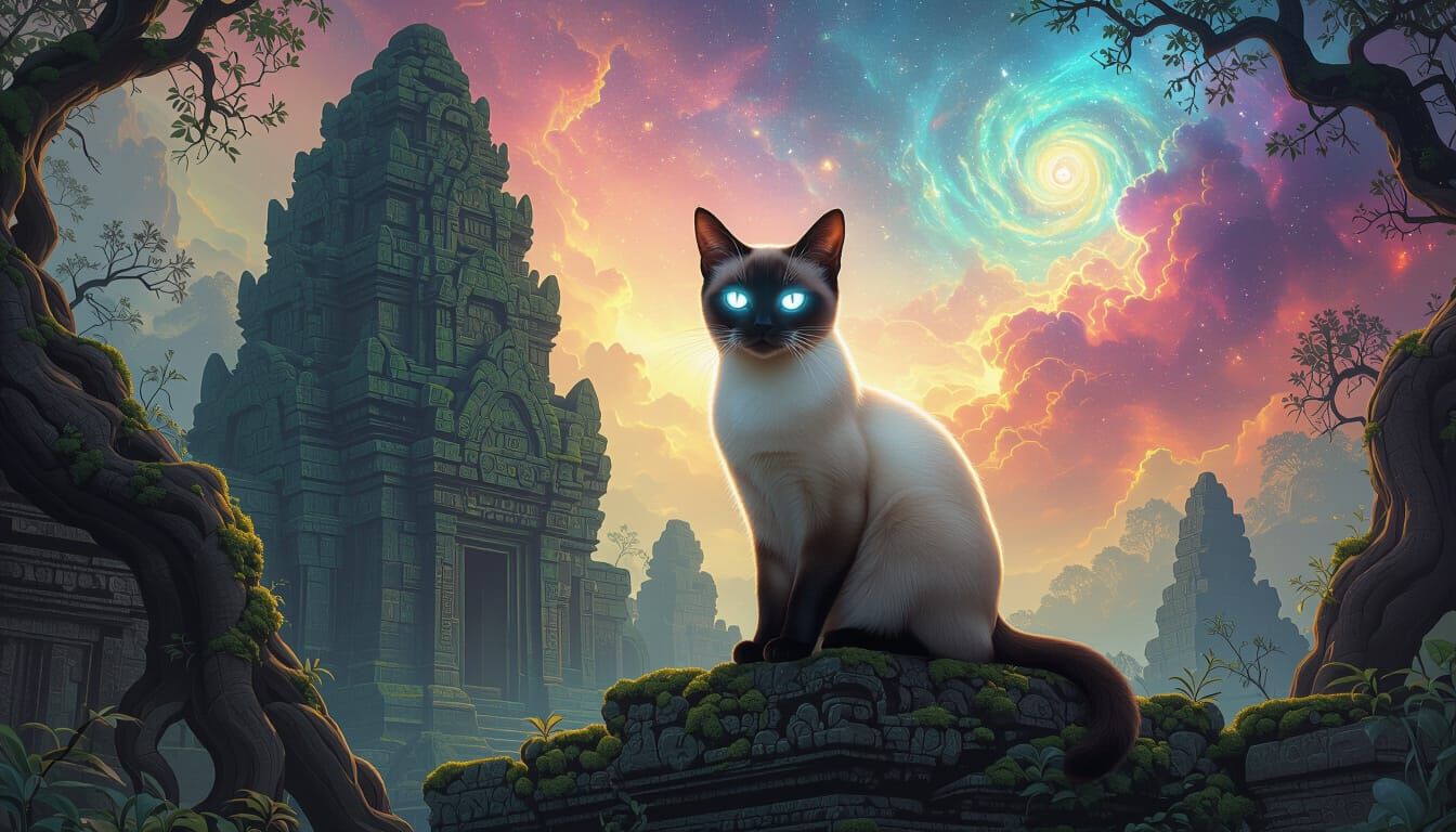 Siamese Cat on Ancient Ruins Under Cosmic Sky