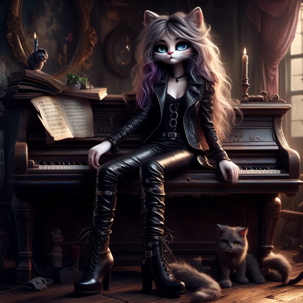 Whimsical Goth Cat on Piano