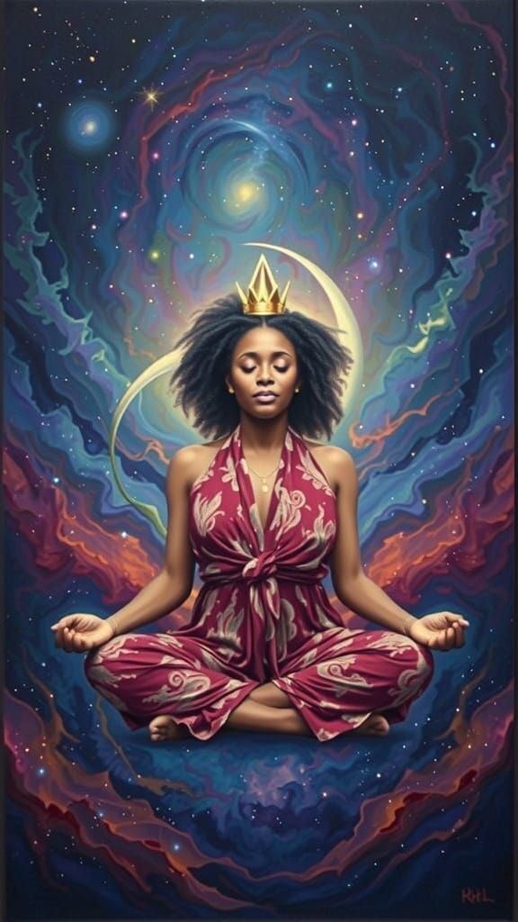 Nigerian Woman Meditating in Cosmic Nebula, Oil Painting