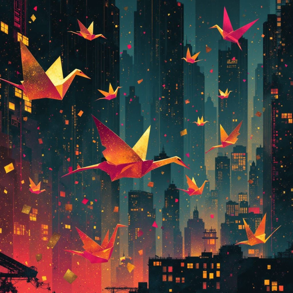 Blade Runner Origami Flying Cars in Neon City Poster