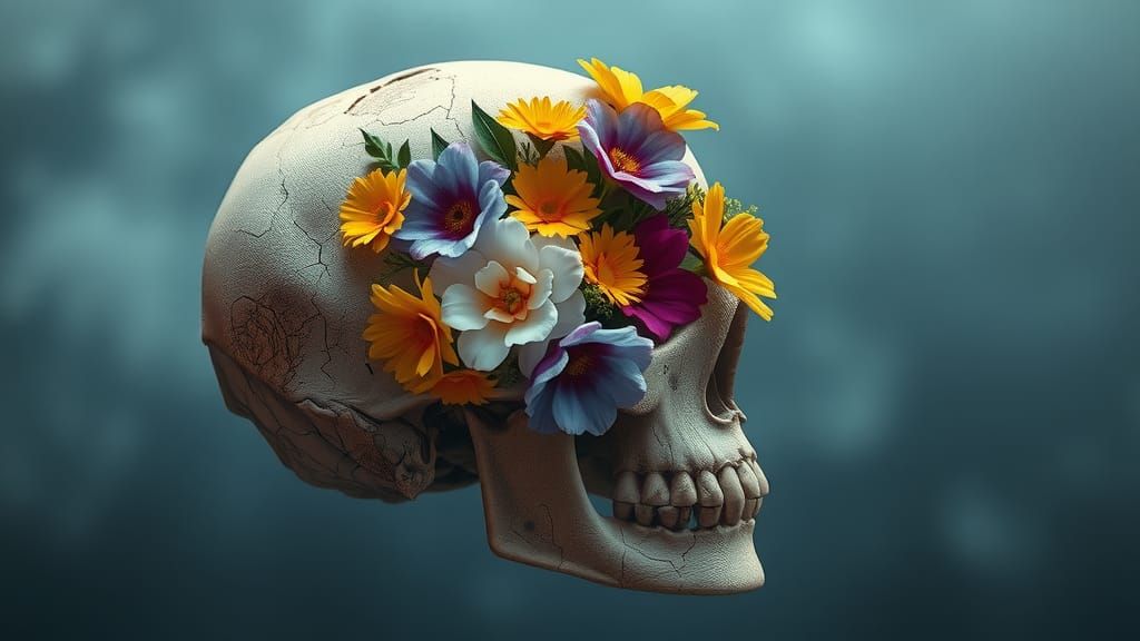Skull Bursting with Flowers in Film Noir Style
