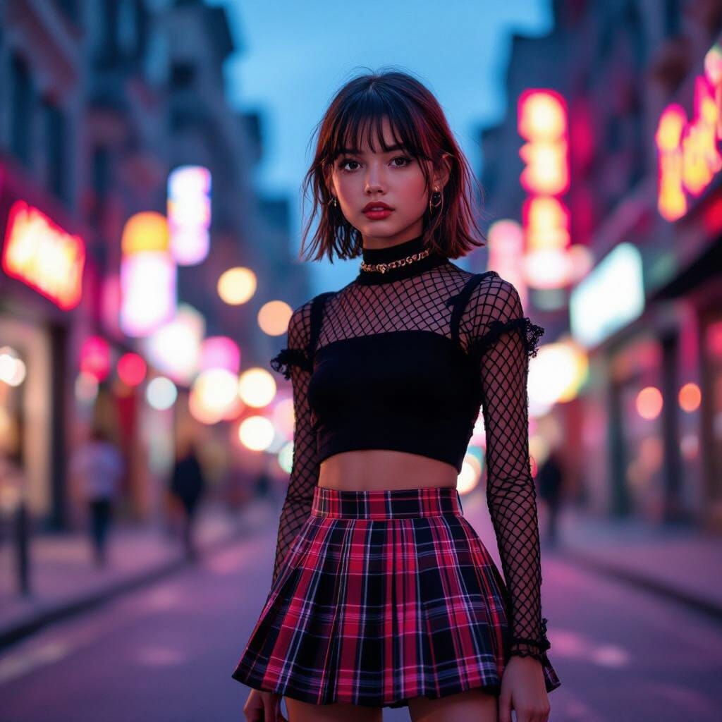 Teen Girl in Plaid Skirt and Fishnet Top at Twilight