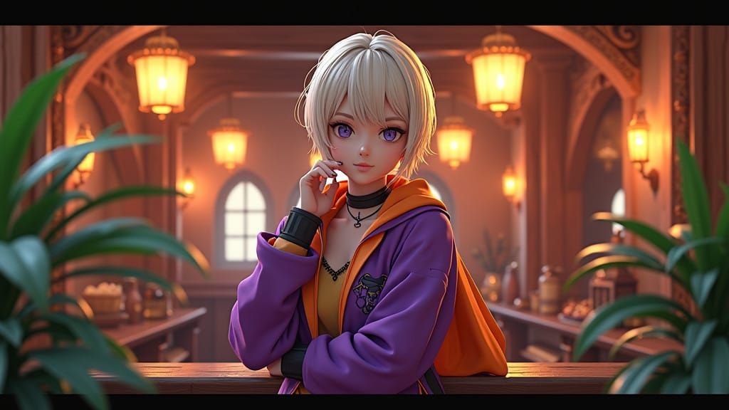 Ethereal Tavern Keeper in Vibrant Purple and Orange Attire
