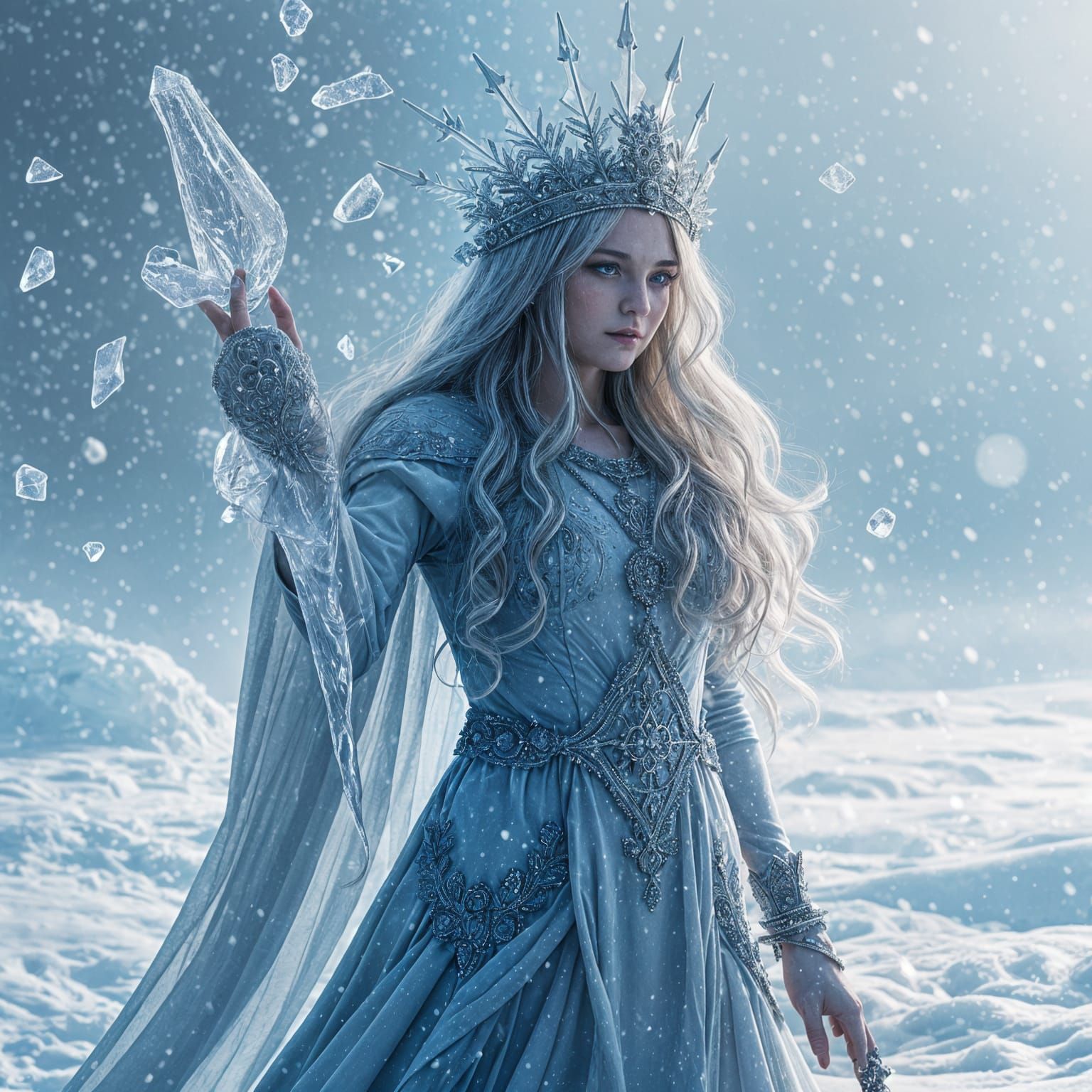 Hyperrealistic Goddess of Ice and Snow in Dystopian Winter