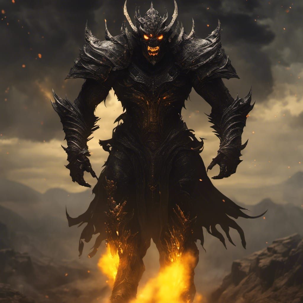 Hellish Black Armored Demon with Fiery Eyes