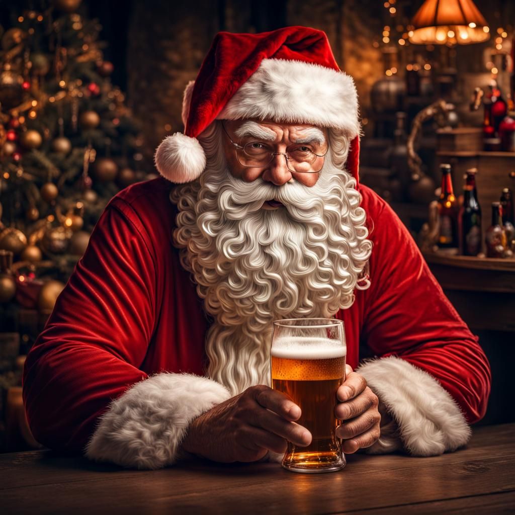 Hyperrealistic Santa Claus Enjoys a Beer