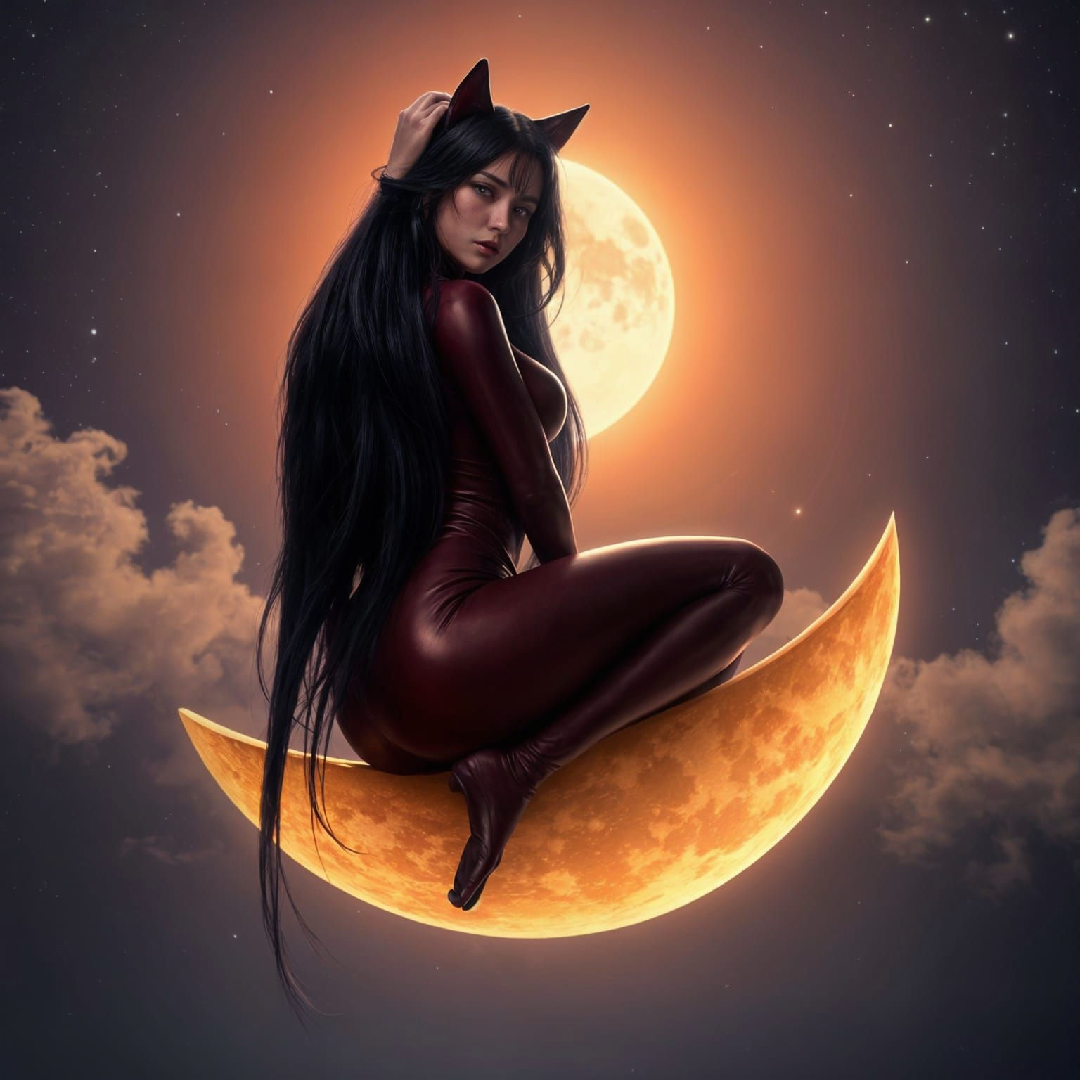 Ethereal Moonlit Goddess in Crimson Catsuit