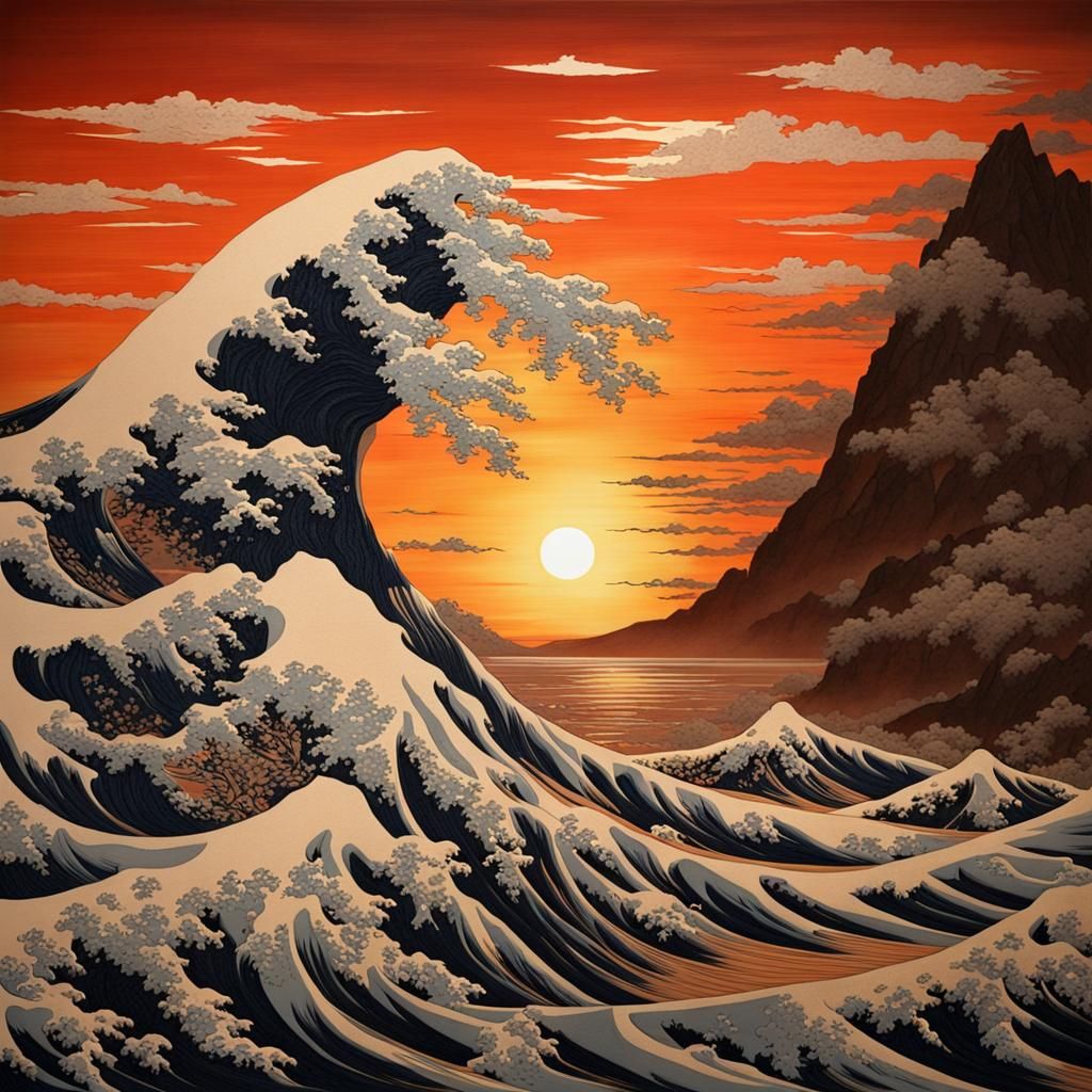 Sunset Hokusai Painting with Volumetric Lighting