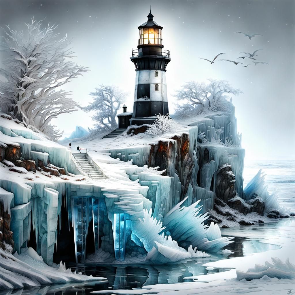Crystal Ice Lighthouse: Stylized Watercolor Art