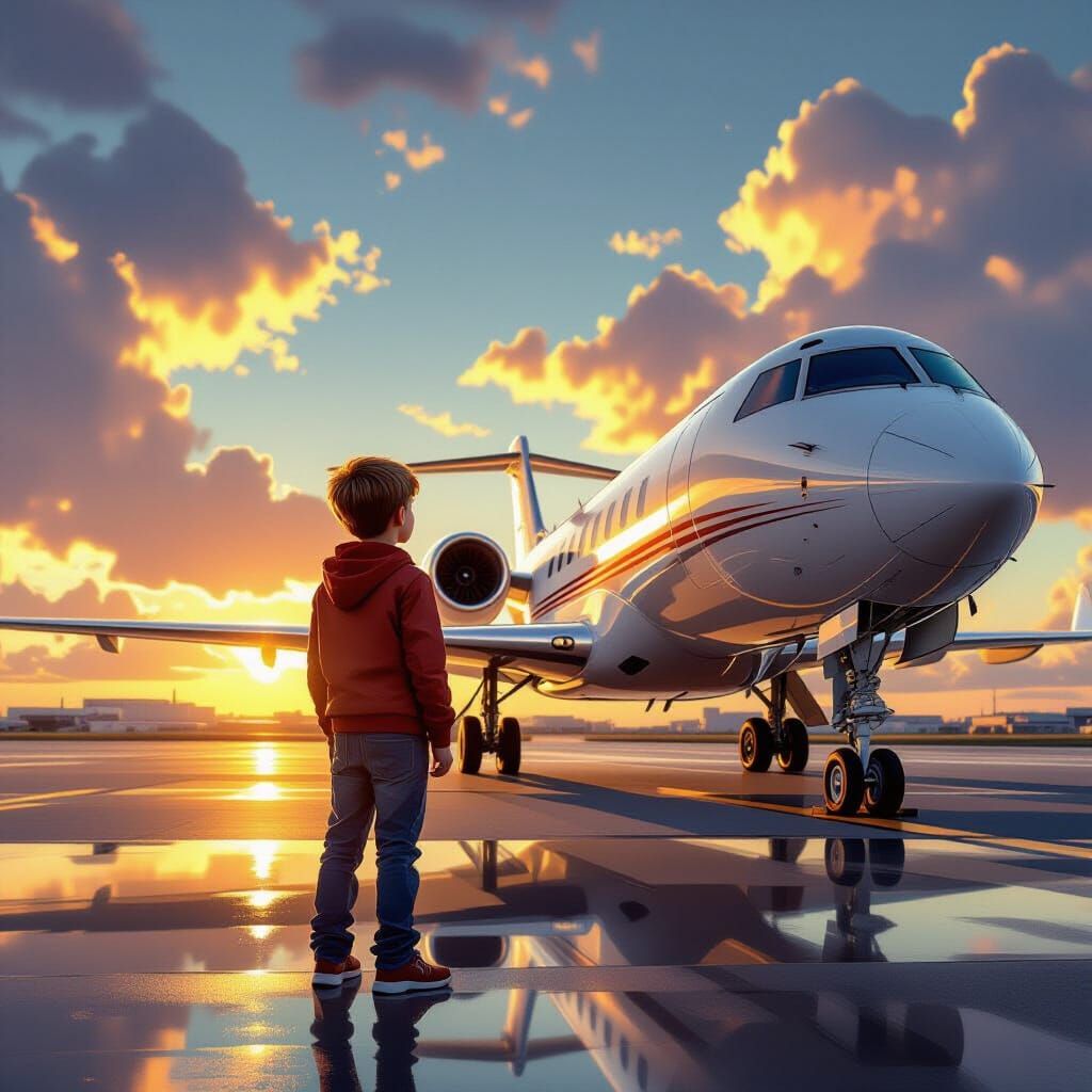Boy and Jet on Runway at Golden Hour