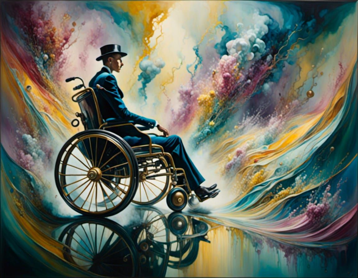 Surreal Wheelchair Race in Dreamlike Stadium