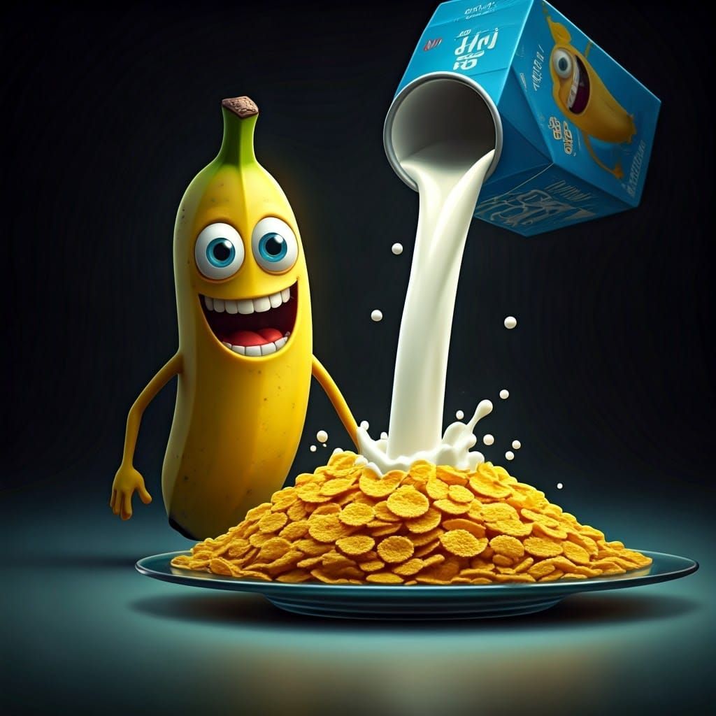 Joyful Banana Enjoys Cereal, Matte Painting Style