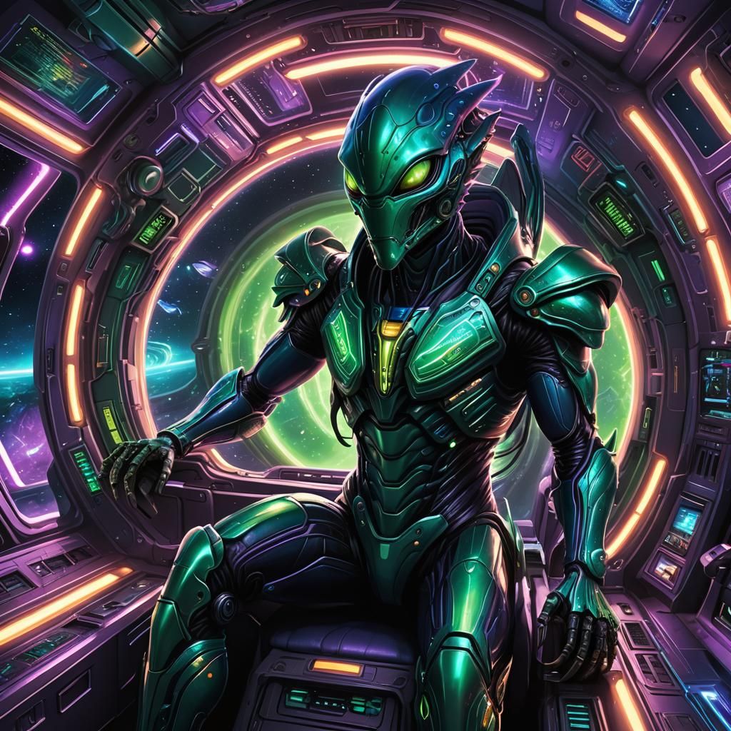 Alien with Dragon Wings in Spaceship: Digital Art