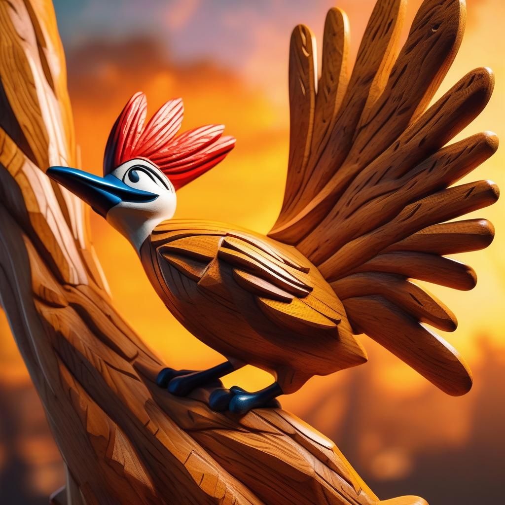 Hyperrealistic Oak Statue of Woody Woodpecker