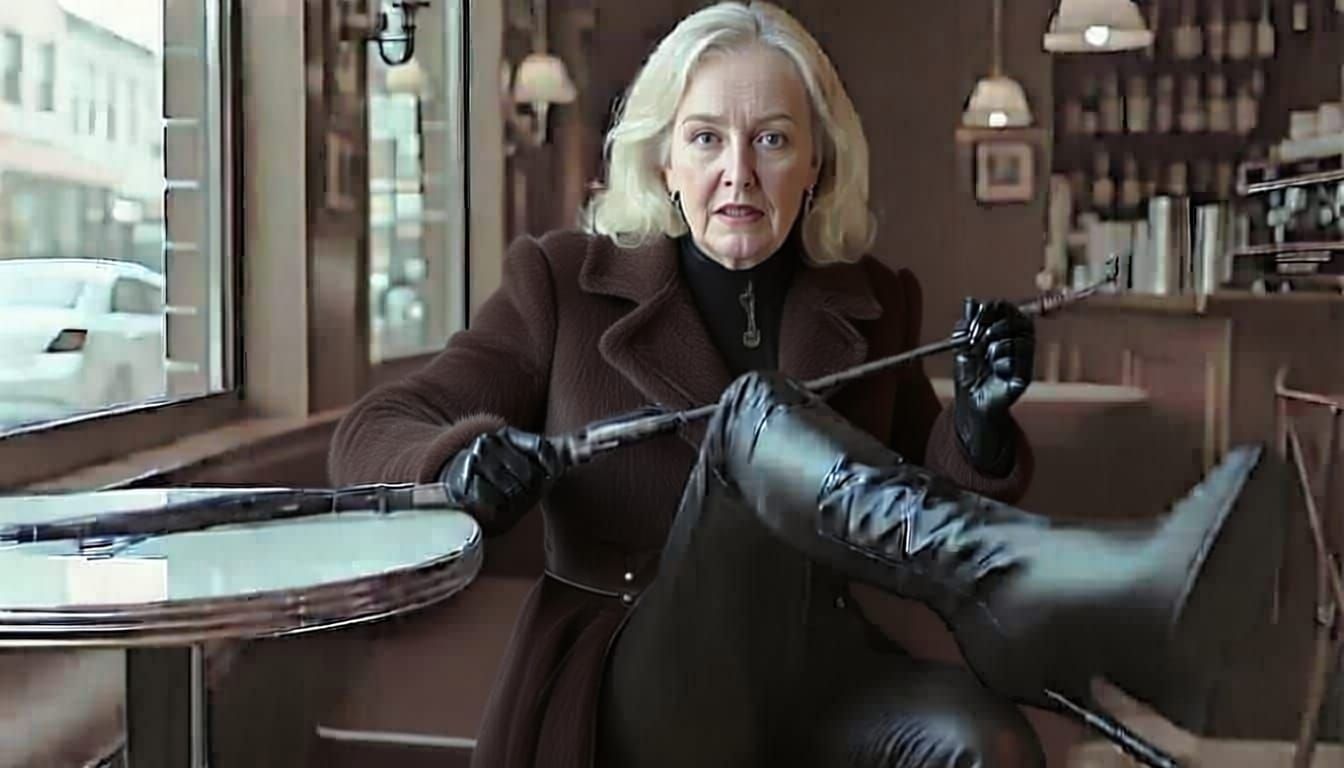 Elegant Elder Woman in Leather & Fur at Cafe