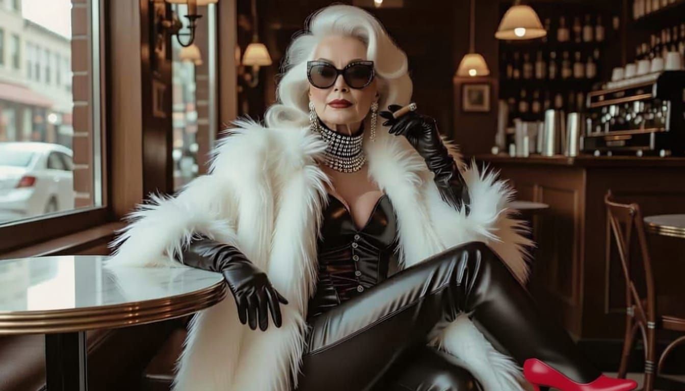 Elegant Elder Woman in Leather & Fur at Cafe