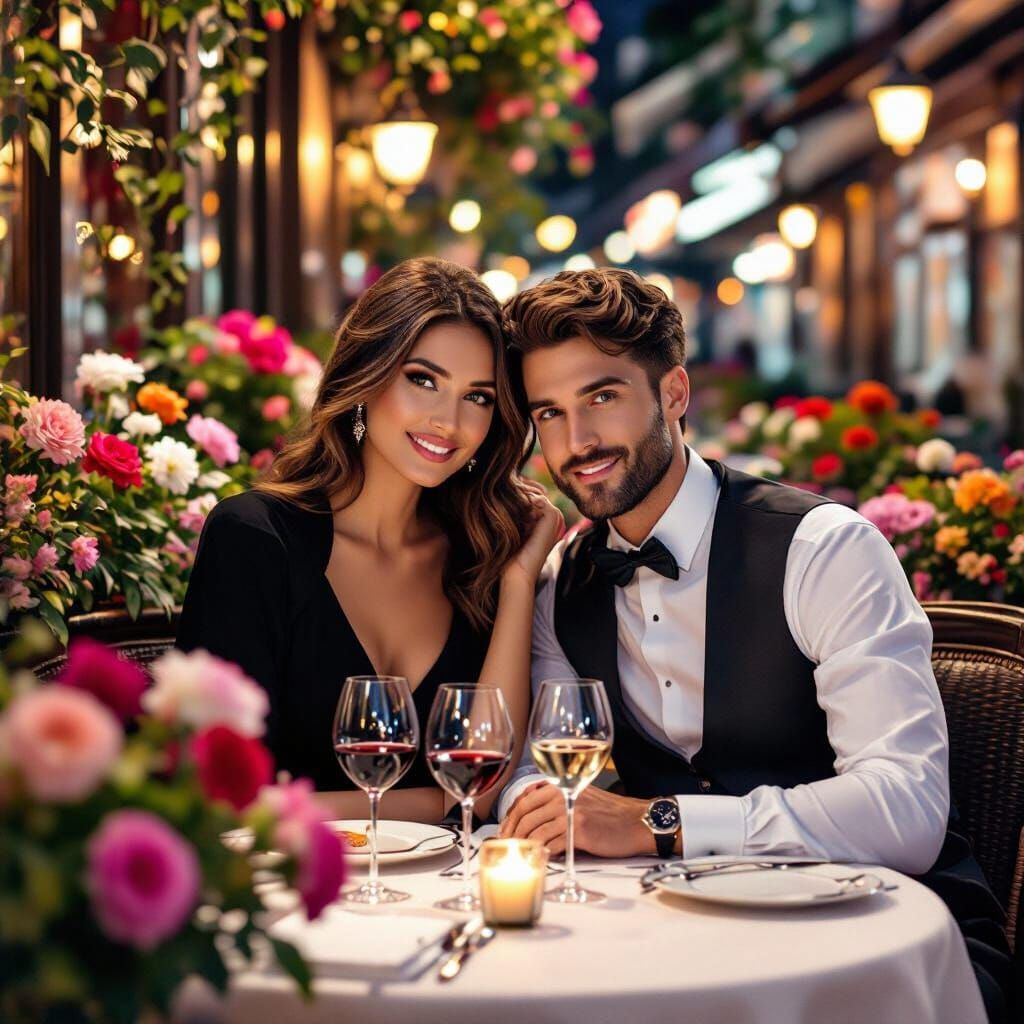 Romantic Dinner Date: Couple Surrounded by Flowers at Night
