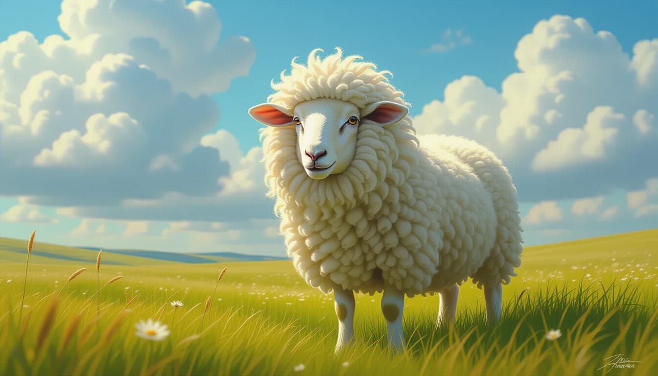 Sheep in Lion Mane Costume in Grassy Meadow