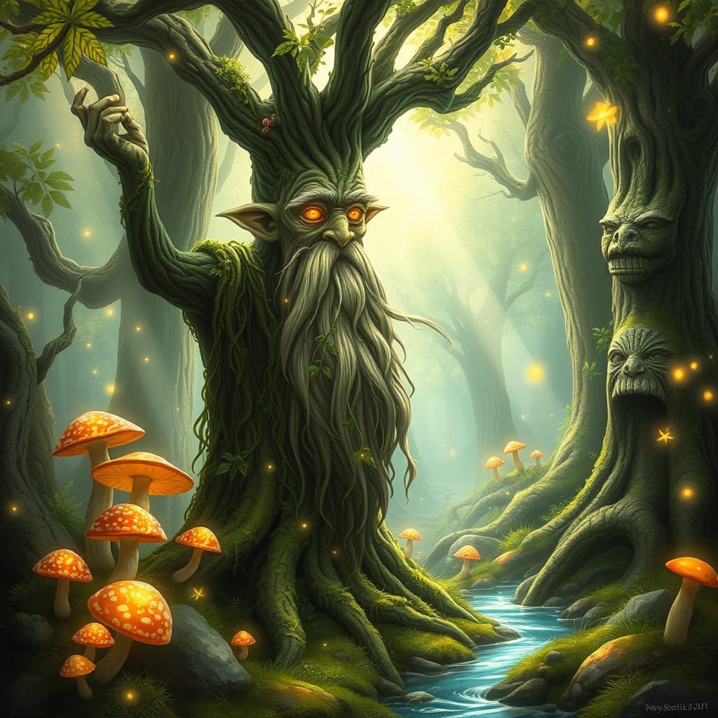 Ancient Treant in Enchanted Forest, Soft Focus, Ethereal Sty...