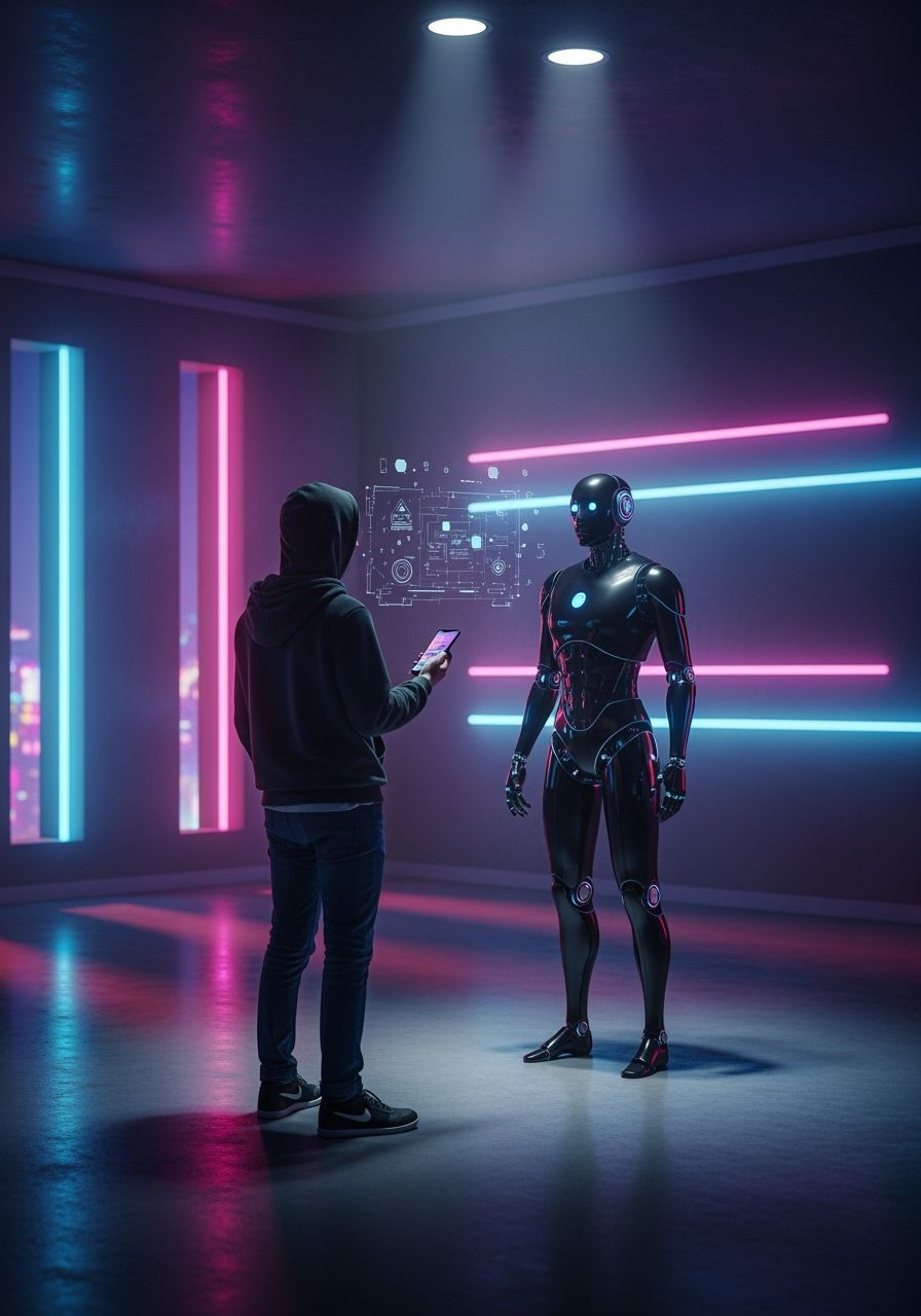 Person Talking to Robot in Futuristic Style