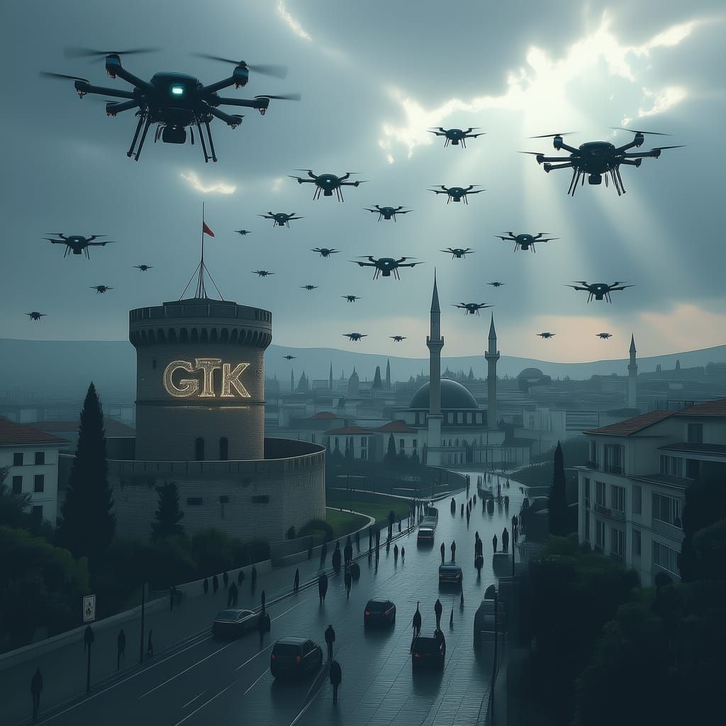 Drones Invade Futuristic Thessaloniki in Dystopian Photo