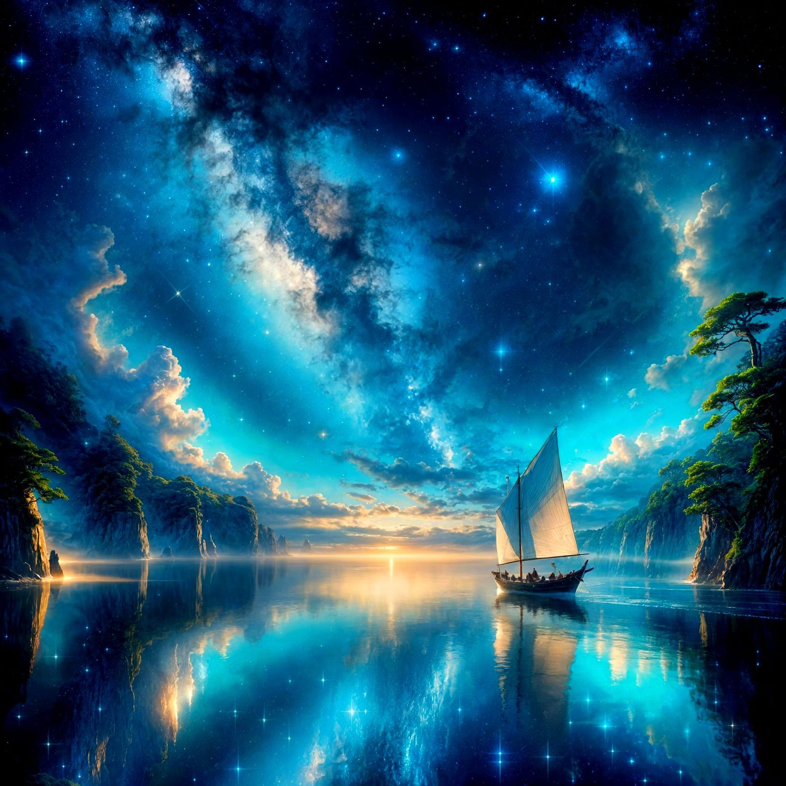 Fantasy Ocean with Milky Way and Japanese Boat