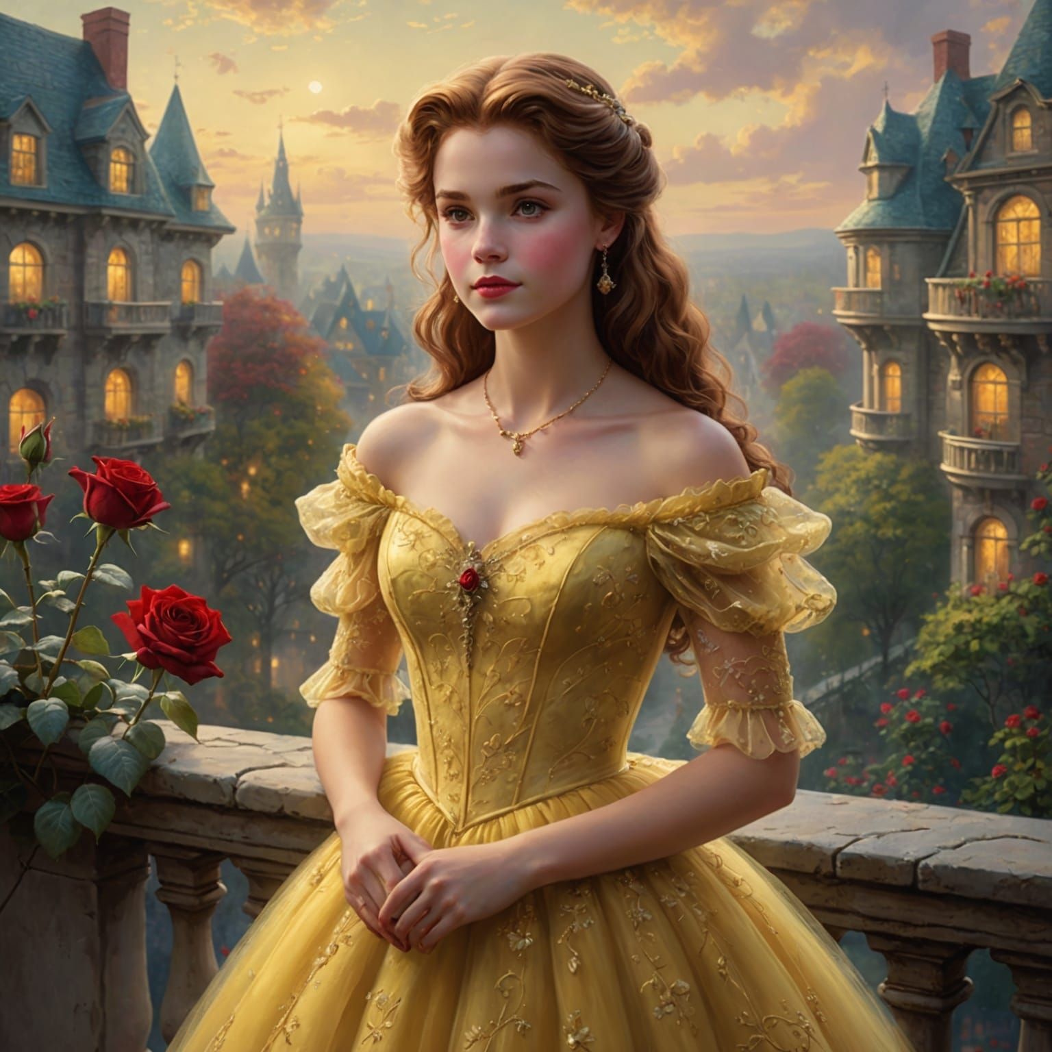 Belle in Yellow Ballgown Holding Red Rose