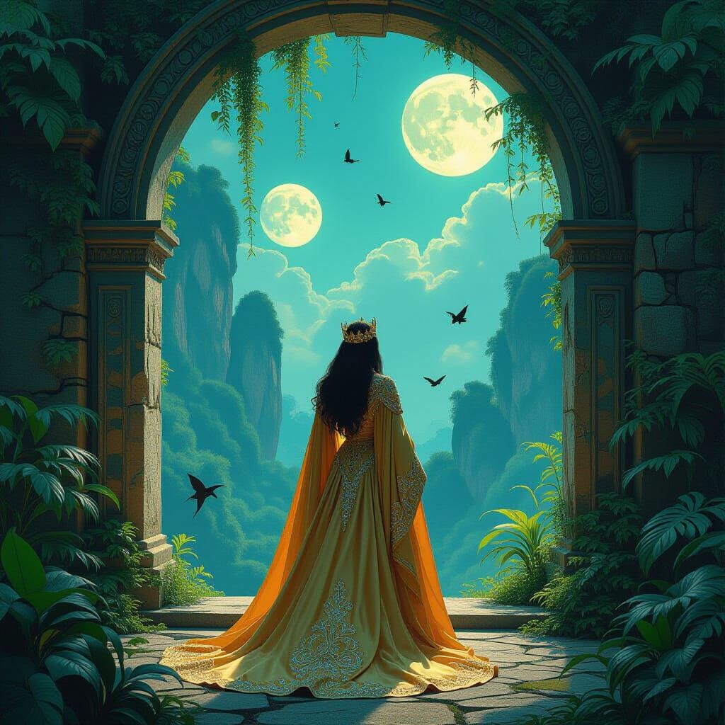 Regal Queen in Bioluminescent Jungle, Art Nouveau Style