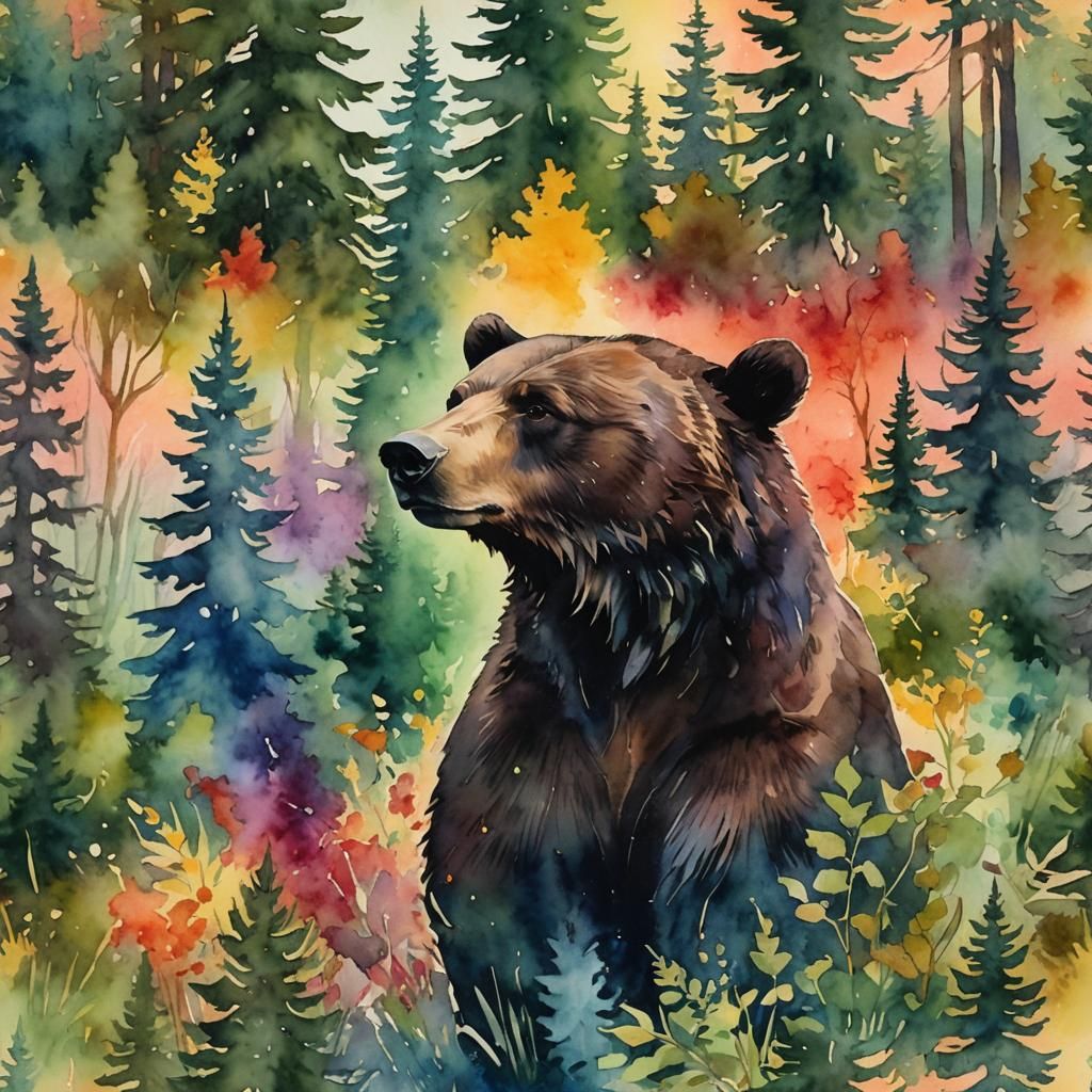 Bear Silhouette Watercolor Painting with Forest Landscape