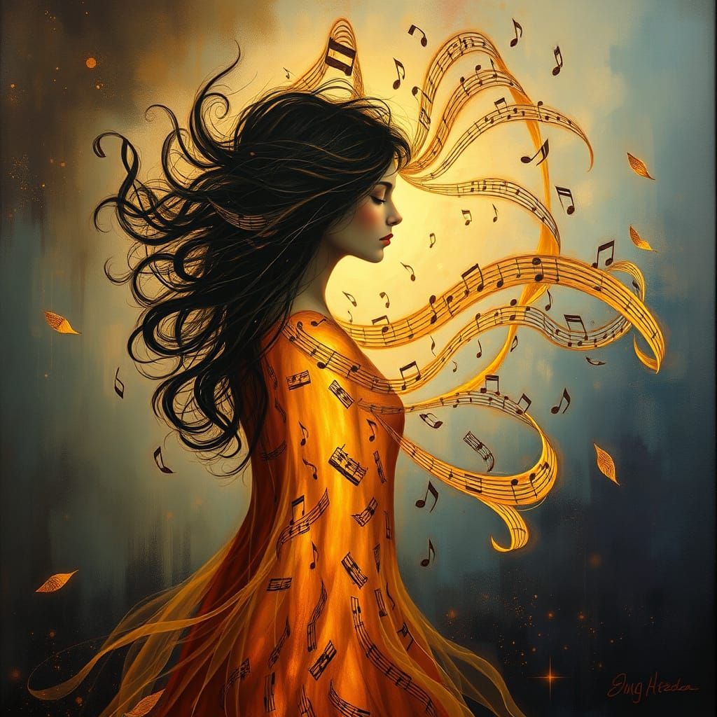 Spectral Woman of Music and Script in Surrealist Style