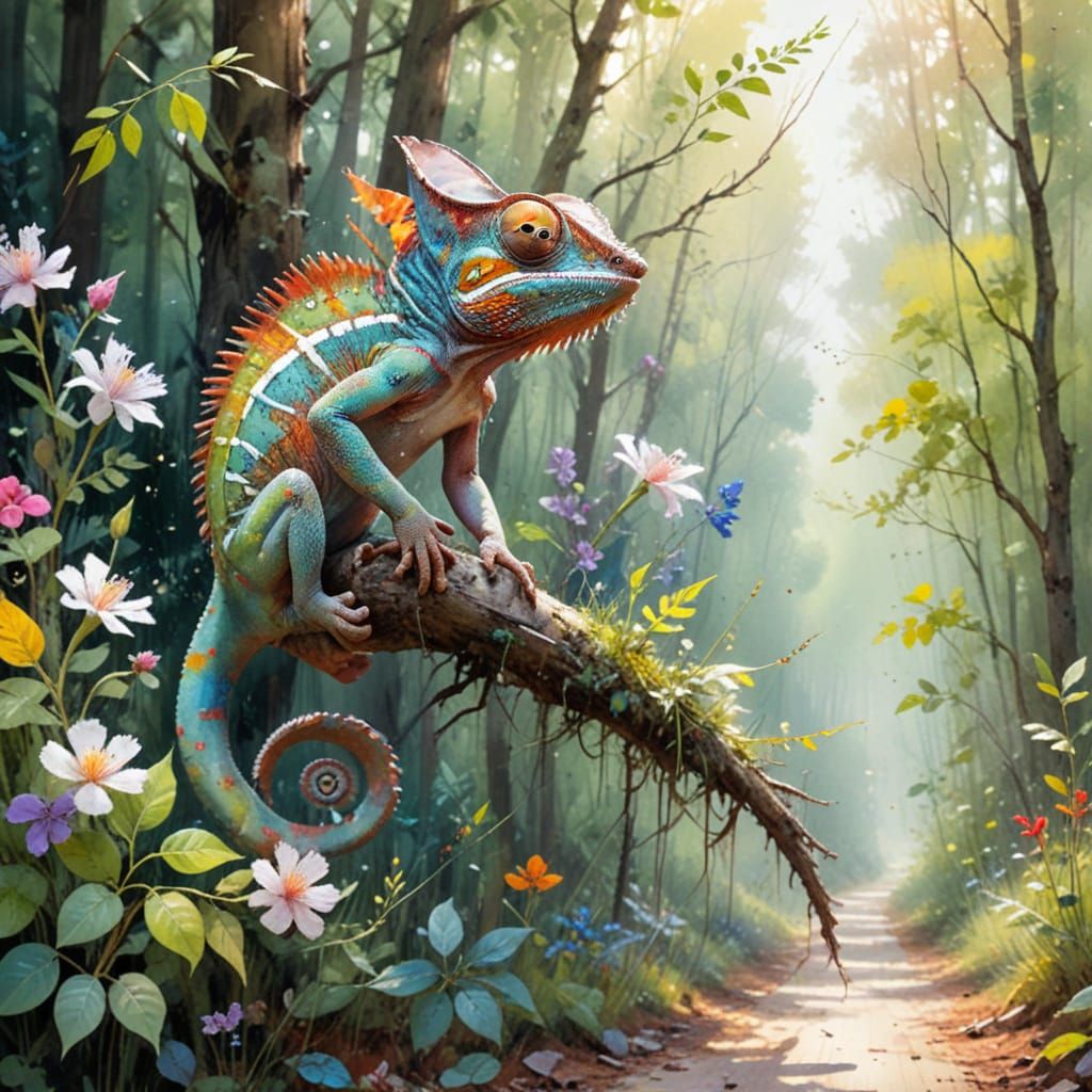 Chameleon in Sunlit Forest: Watercolour Art