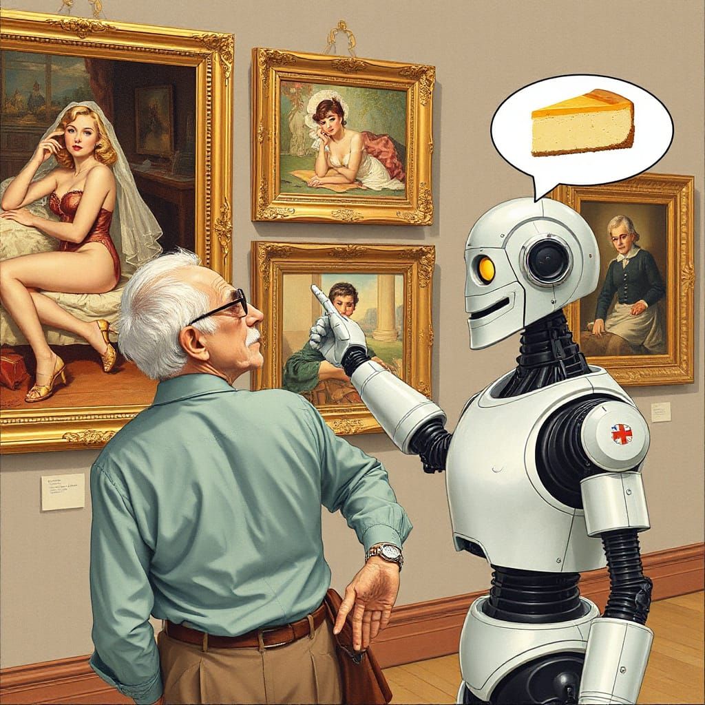 Elderly Man and Robot Contemplate Pin-Up Portraits in Art Ga...