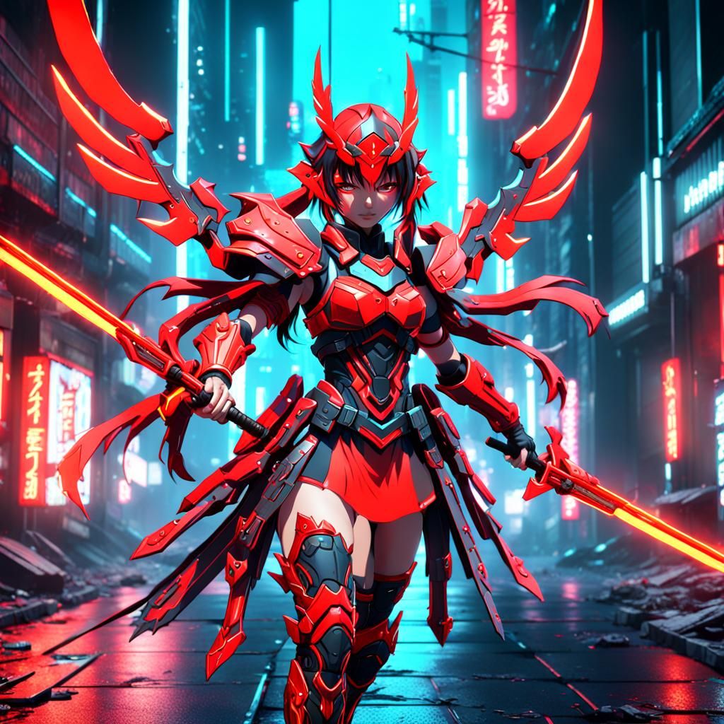 Anime Red Neon Warrior Girl in Detailed Style