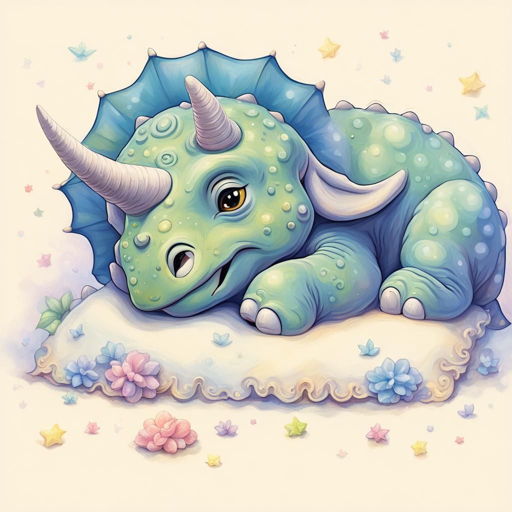 Cute Baby Triceratops Asleep: Ethereal Fantasy