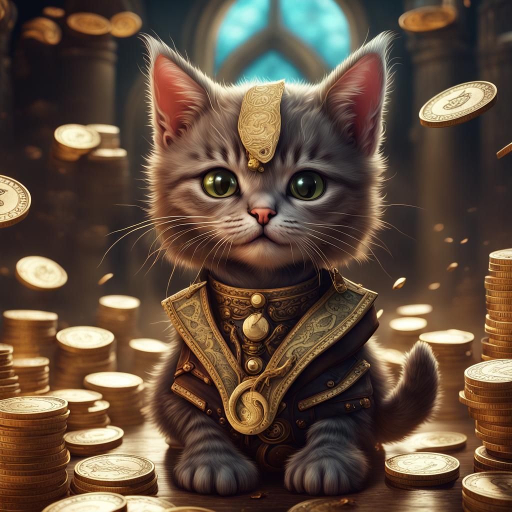 Luxurious Kitten Amidst Wealth, Digital Art