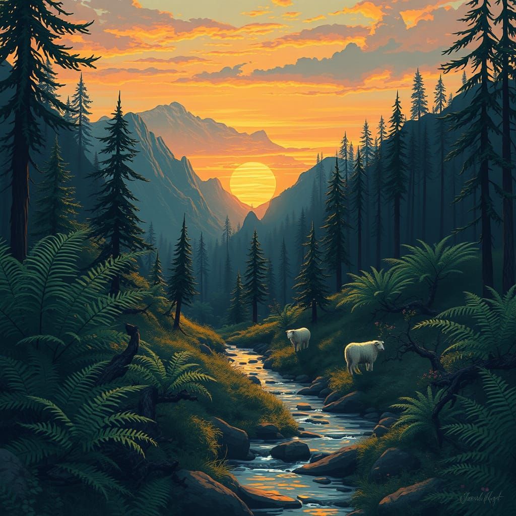 Fern Forest and Volcanic Cliffs: Impasto Sunset