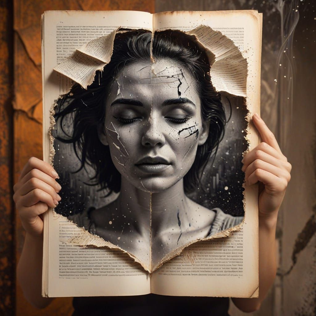 Woman Tears Photo in Dramatic Concept Art