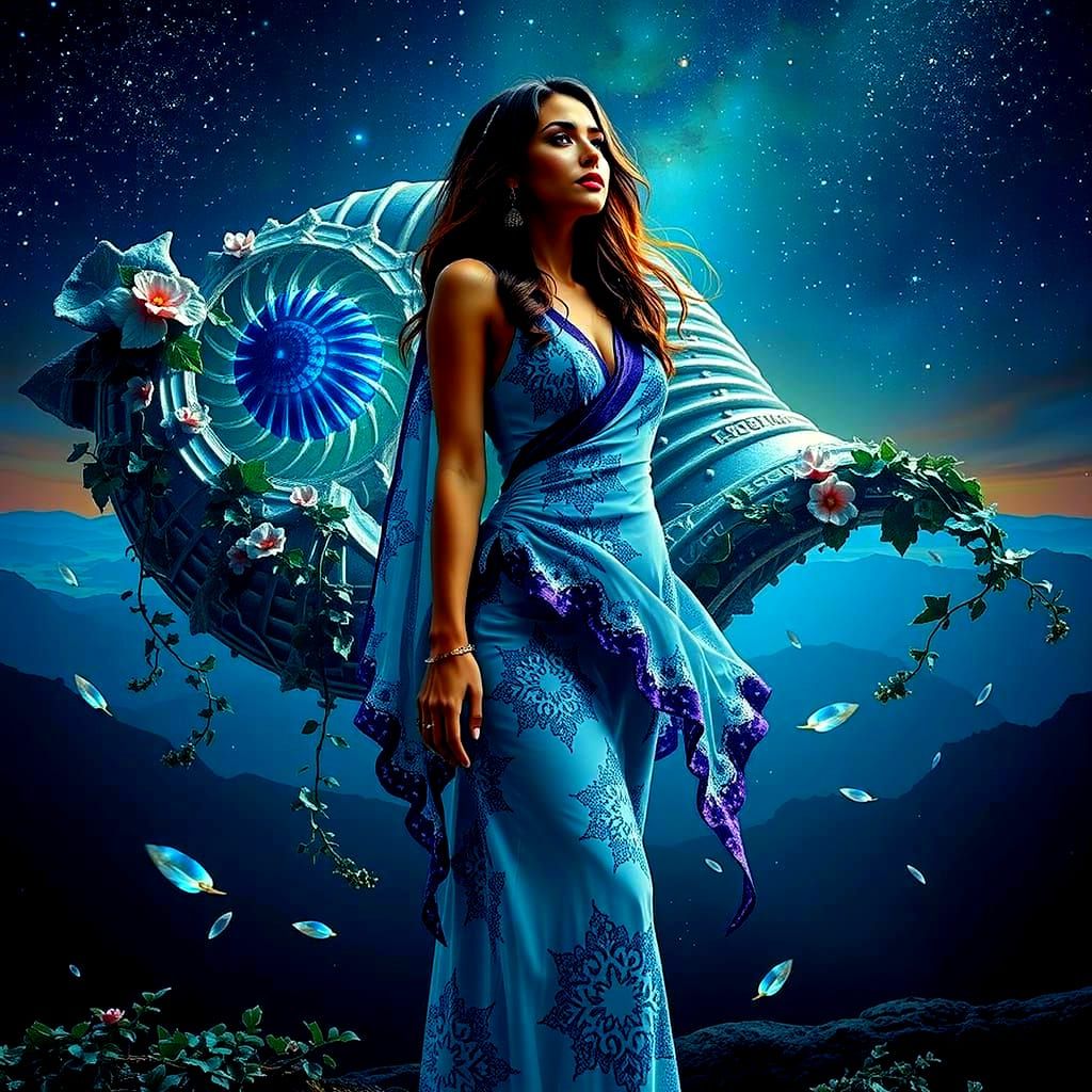 Woman Under Starry Sky in 3D Photorealistic Style