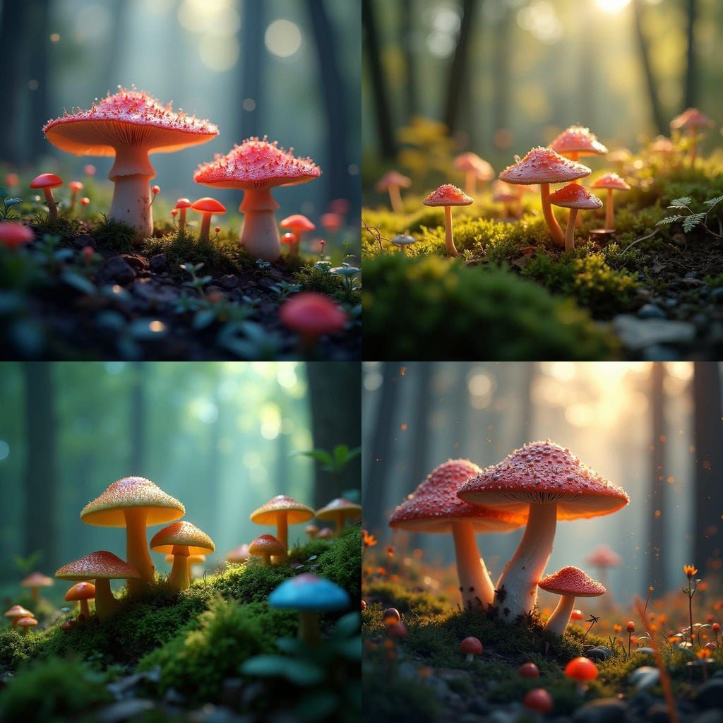 Enchanted Forest Mushrooms in Vibrant Bokeh
