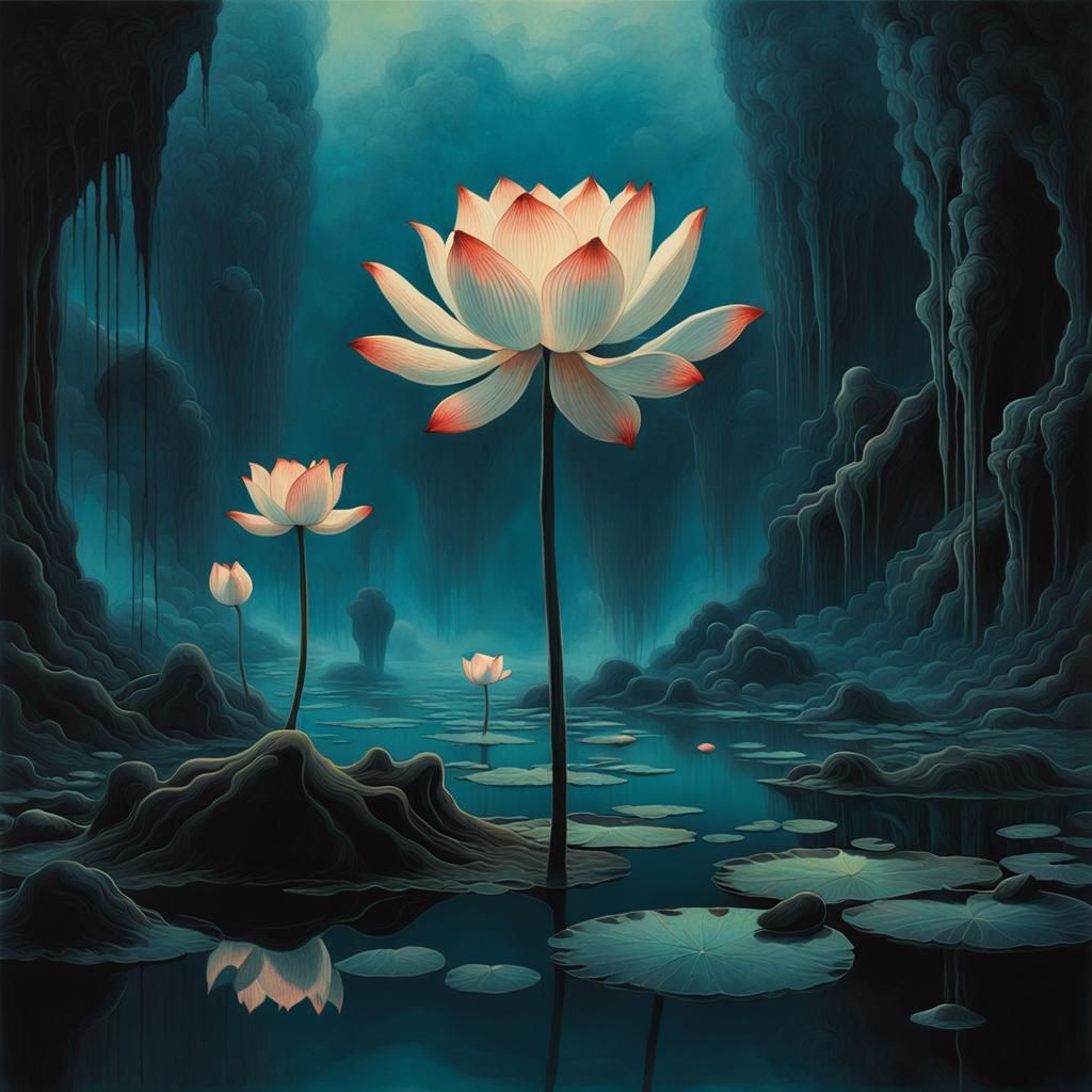 Ethereal Lotus Blooms in Dark Abyss