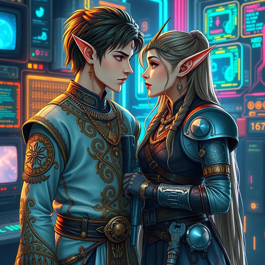 Elven Mage and Warrior in Futuristic Glitchcore Scene