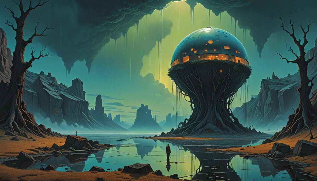 Dreamlike Exoplanet Landscape with Marin Nomads