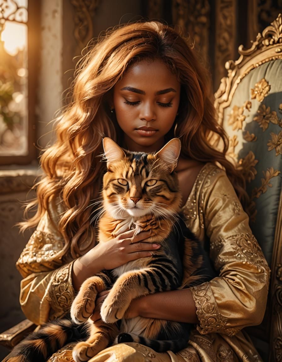Dreaming Woman with Cat in Baroque Golden Hour