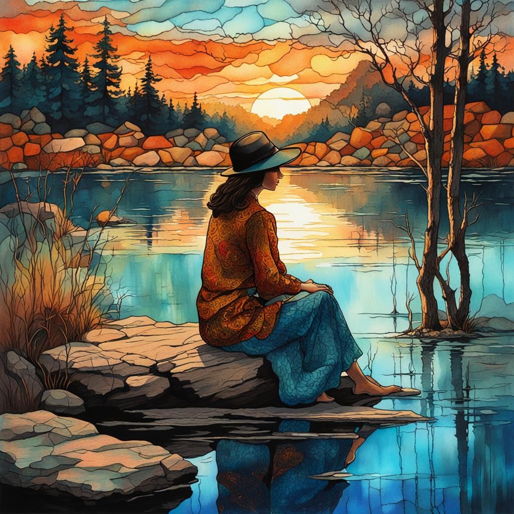 Vintage Woman at Lakeside Sunset in Art Nouveau Style