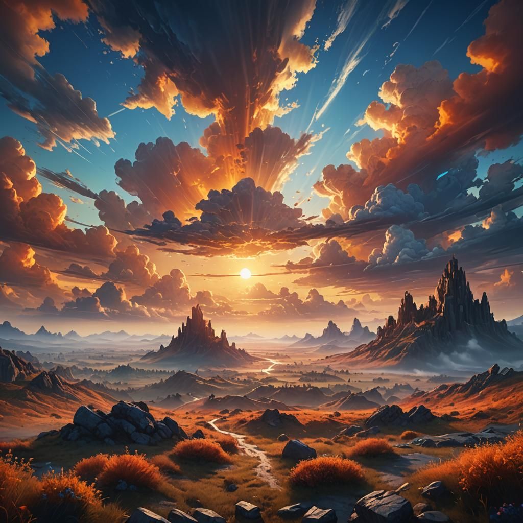 Epic Fantasy Landscape at Sunrise in Art Nouveau Style