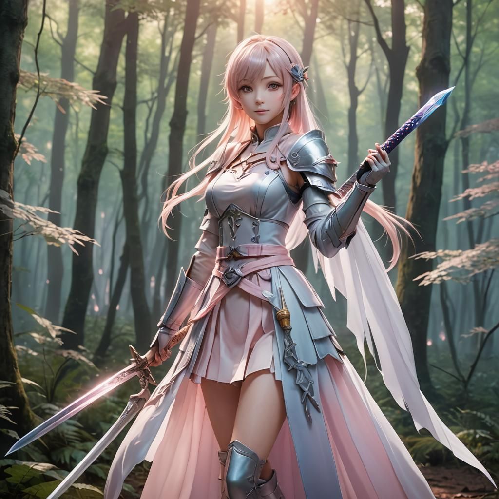 Anime Girl with Sword in Dreamy Forest