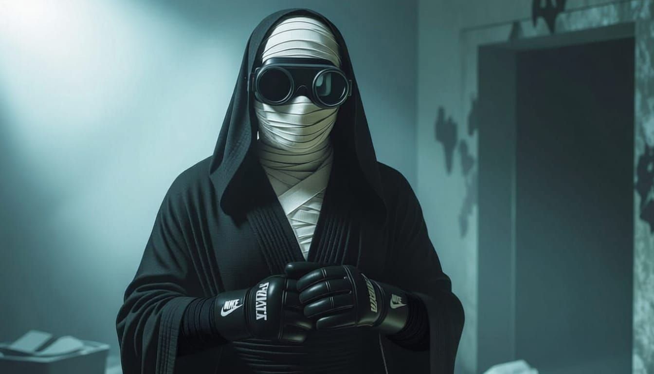 Bandaged Figure in Versace Robe at Crime Scene