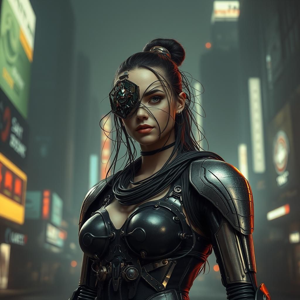 Cyborg Woman in Dystopian Cityscape